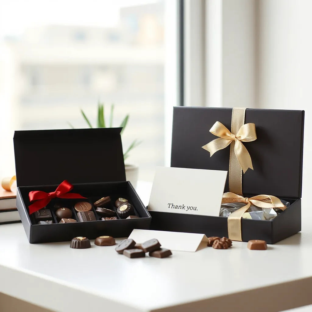 Assorted premium chocolate gift boxes with ribbon on a modern desk under soft light