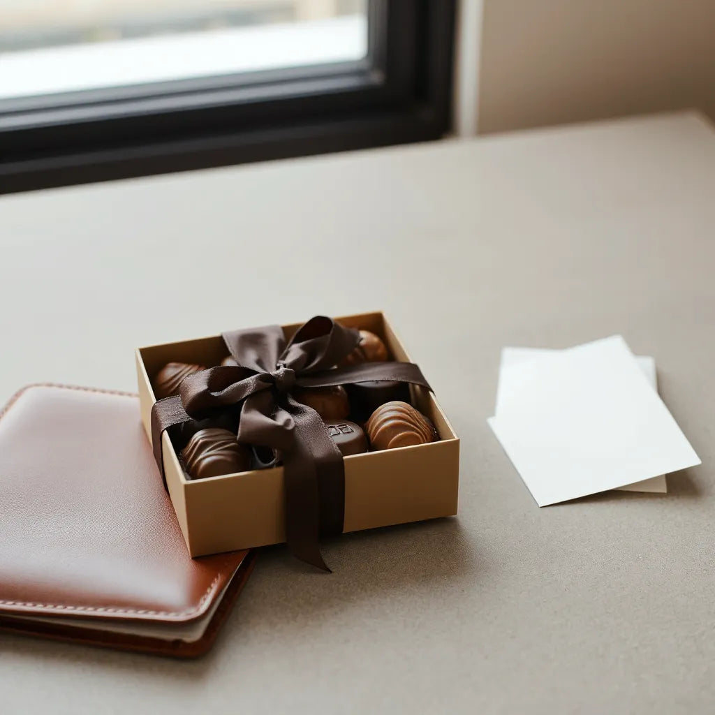 Assorted premium chocolates in a gift box with dark ribbon on a desk beside a leather portfolio