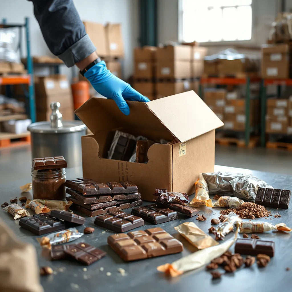 Wrapped dark and milk chocolate samples on a stainless table with a warehouse shipment box in view