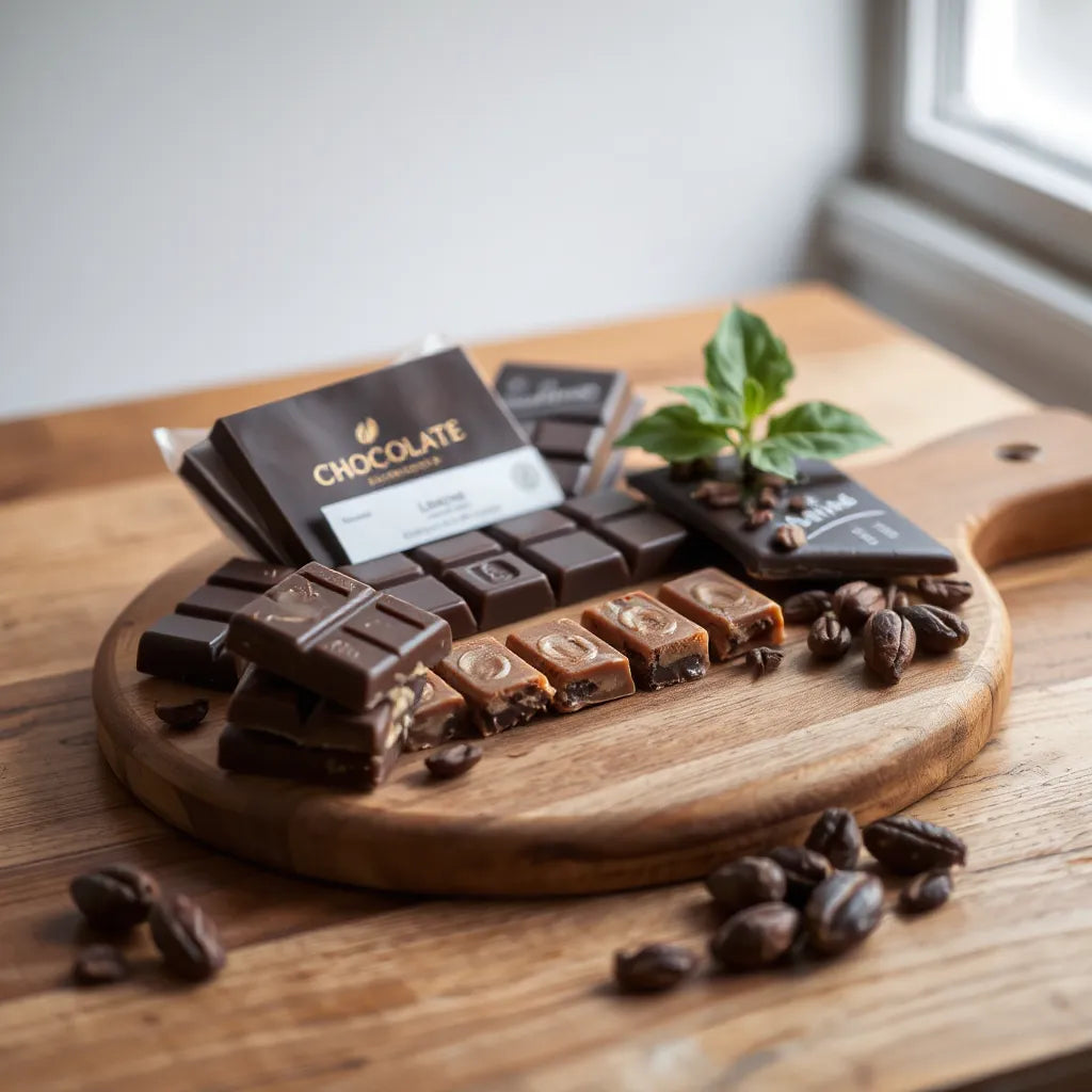 Assorted artisan chocolates on a wooden tasting board with cacao nibs and pods in soft natural light