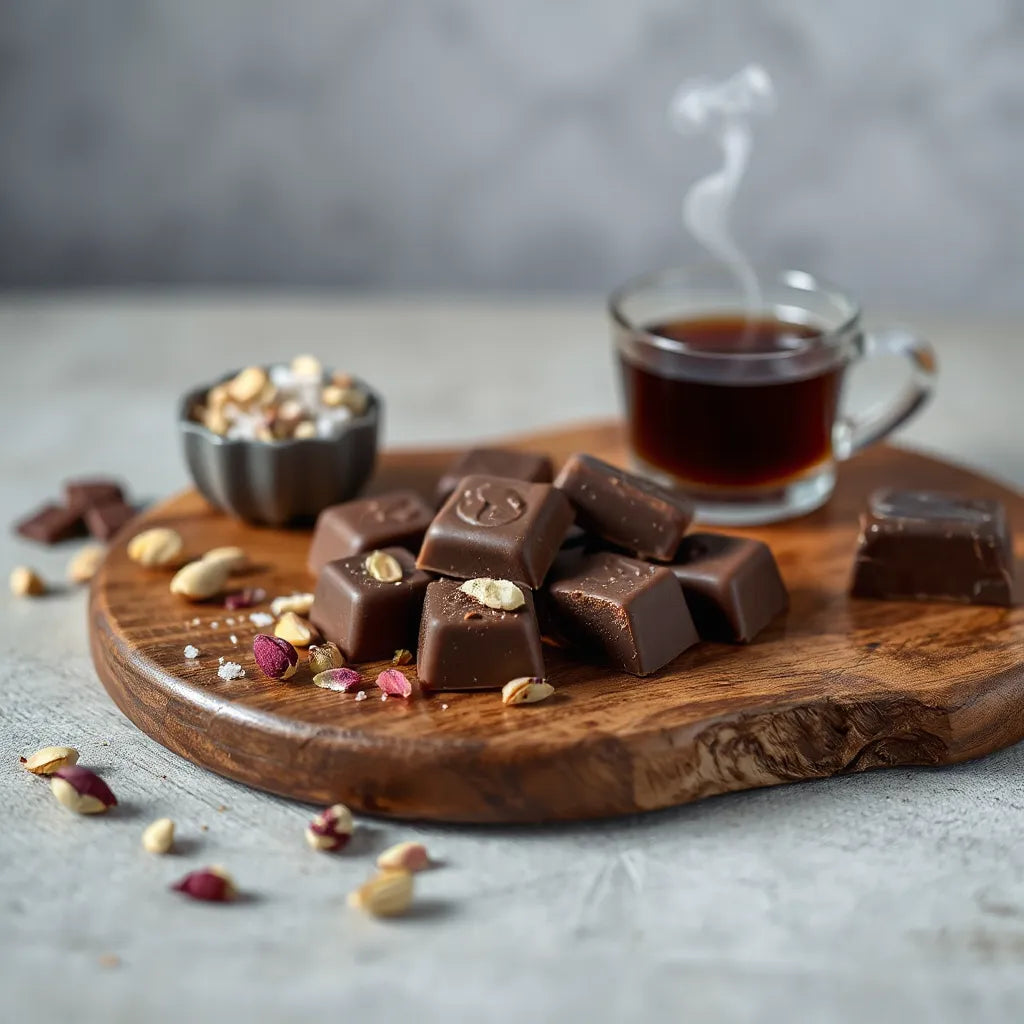 Assorted luxury chocolate pieces with pistachios and Arabic coffee on a wooden board