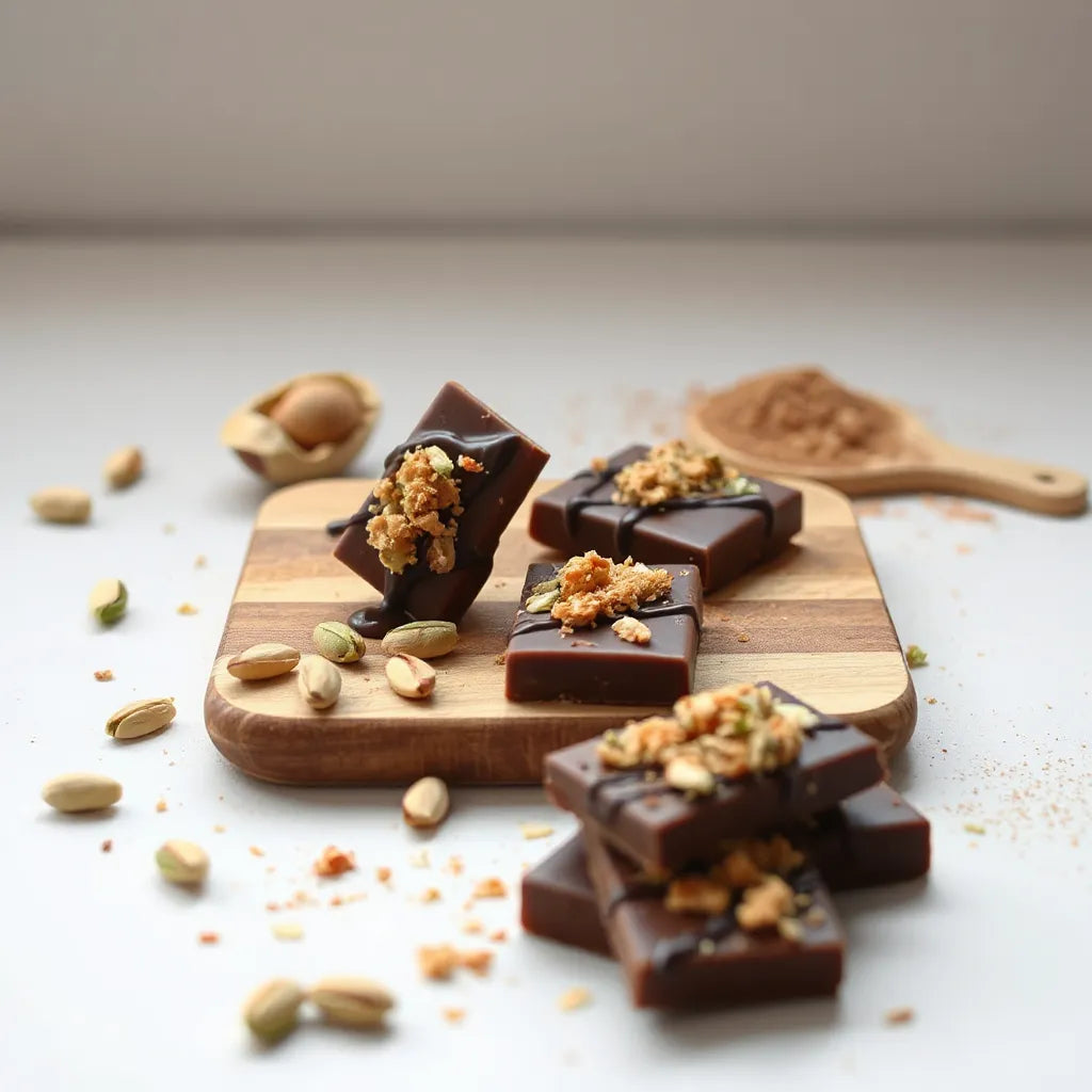 Chocolate pieces with crisp kadaifi and pistachios on a wooden board