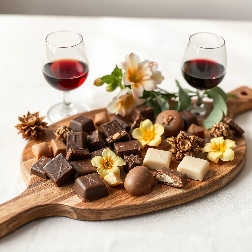 Assorted chocolates on a wooden board with flowers and wine glasses for an elegant special occasion