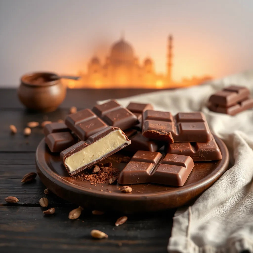 Assorted premium milk chocolate bars on a wooden table with a visible creamy broken interior