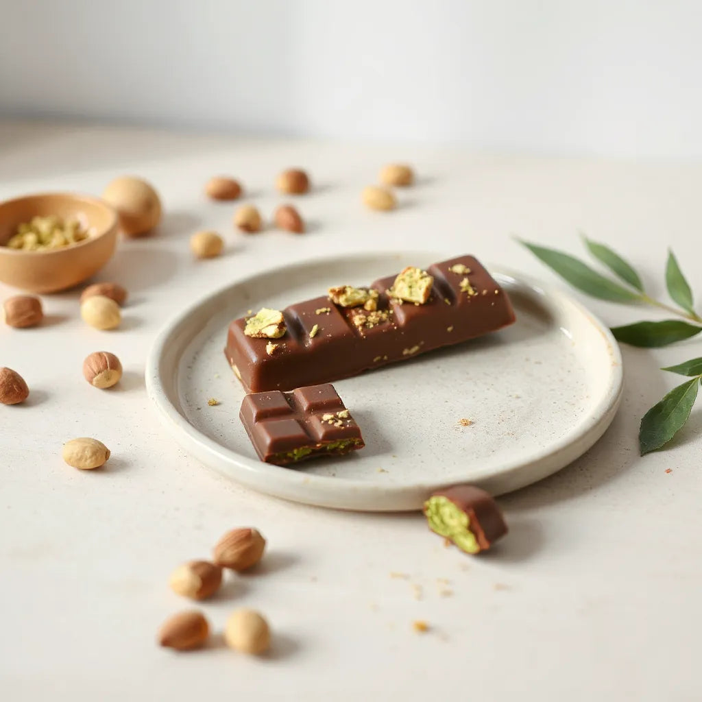 Pistachio chocolate bar with scattered pistachios and a broken piece showing green filling
