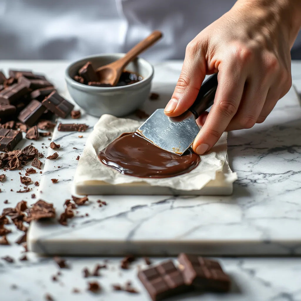 Chocolatier hand spreading glossy tempered dark chocolate on a marble slab with tools nearby