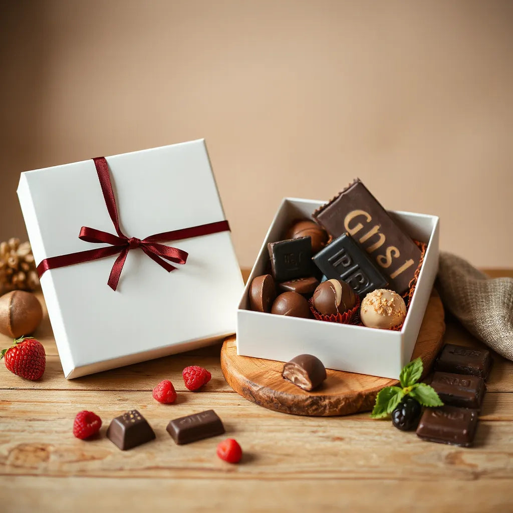 Assorted chocolates in a gift box on a wooden table with a few berries nearby