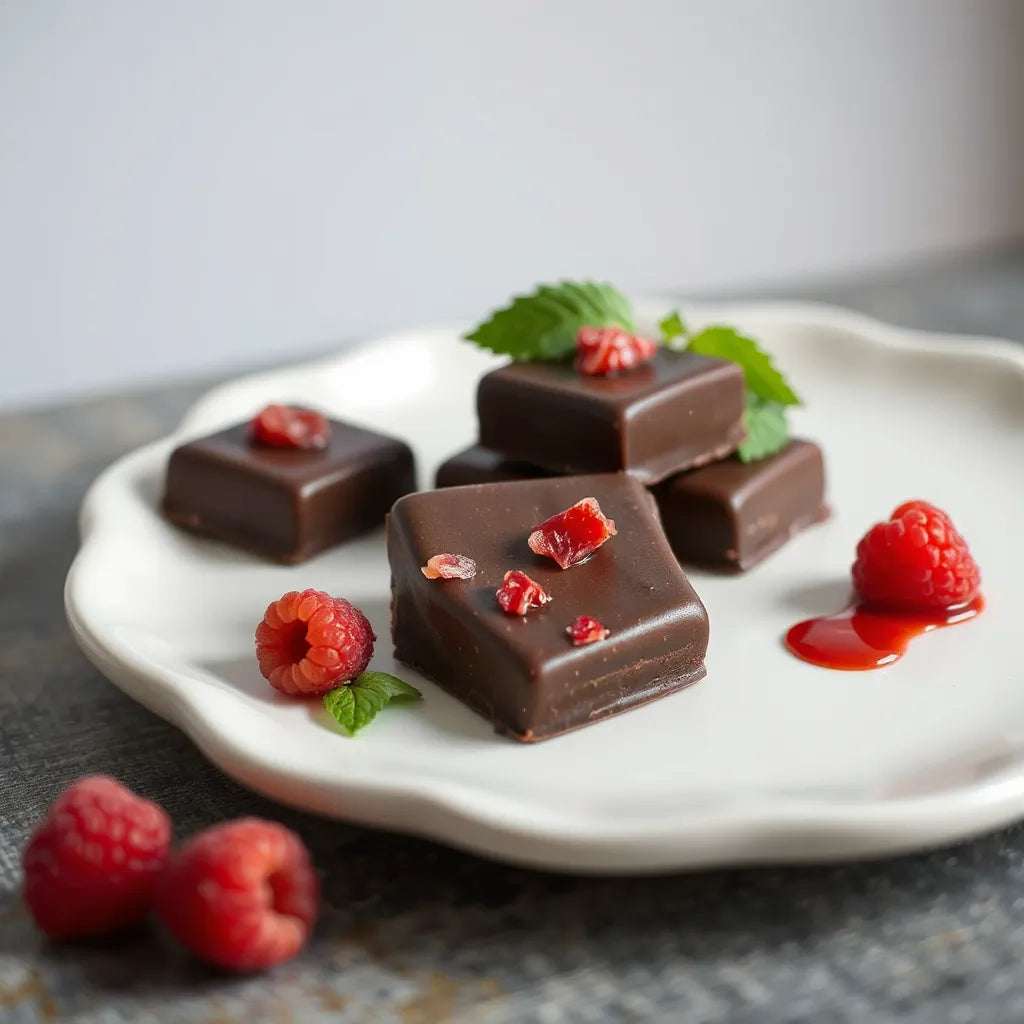 Dark chocolate squares with raspberry bits beside fresh raspberries on a white plate