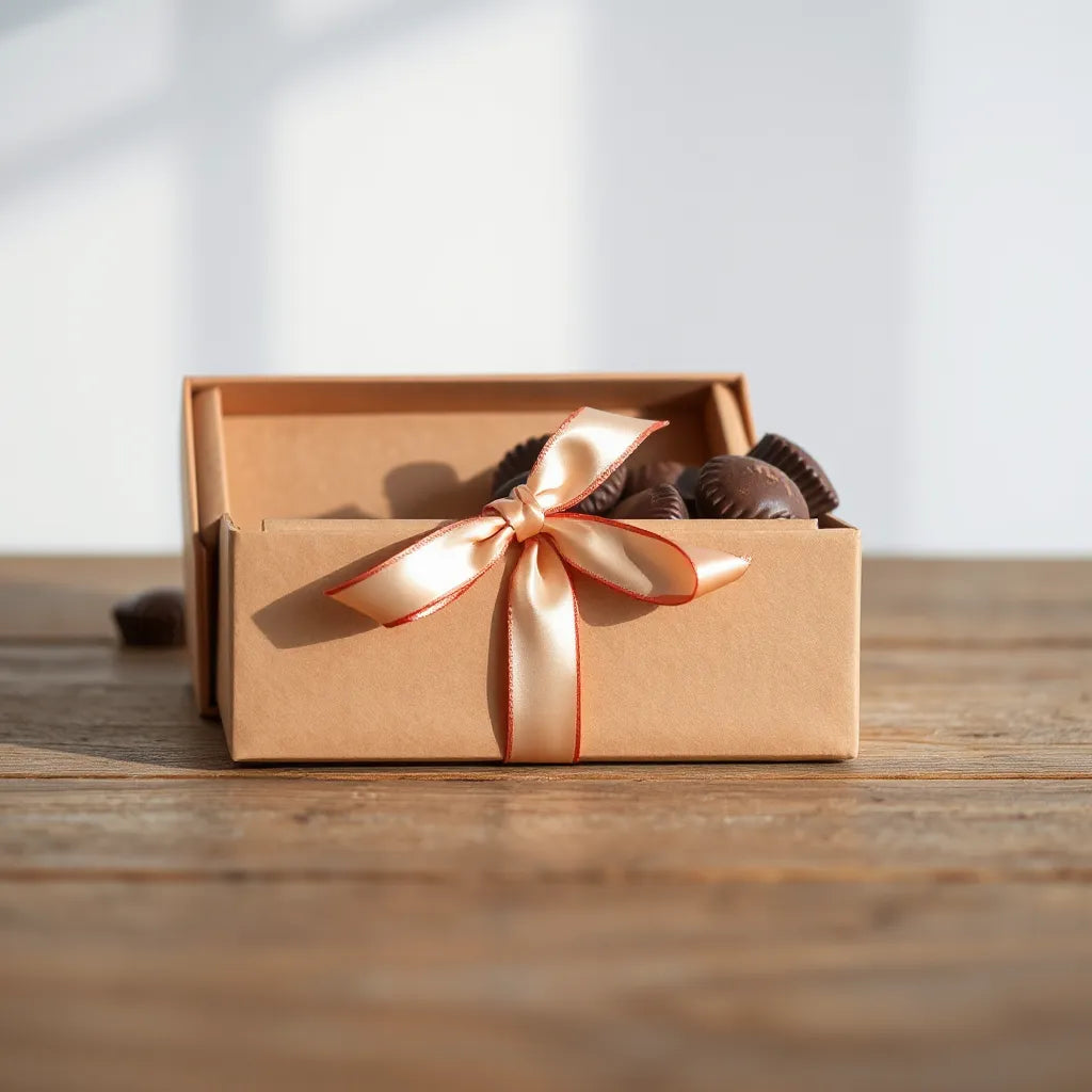 Elegant chocolate gift box with satin ribbon and premium wrapping on a minimal tabletop